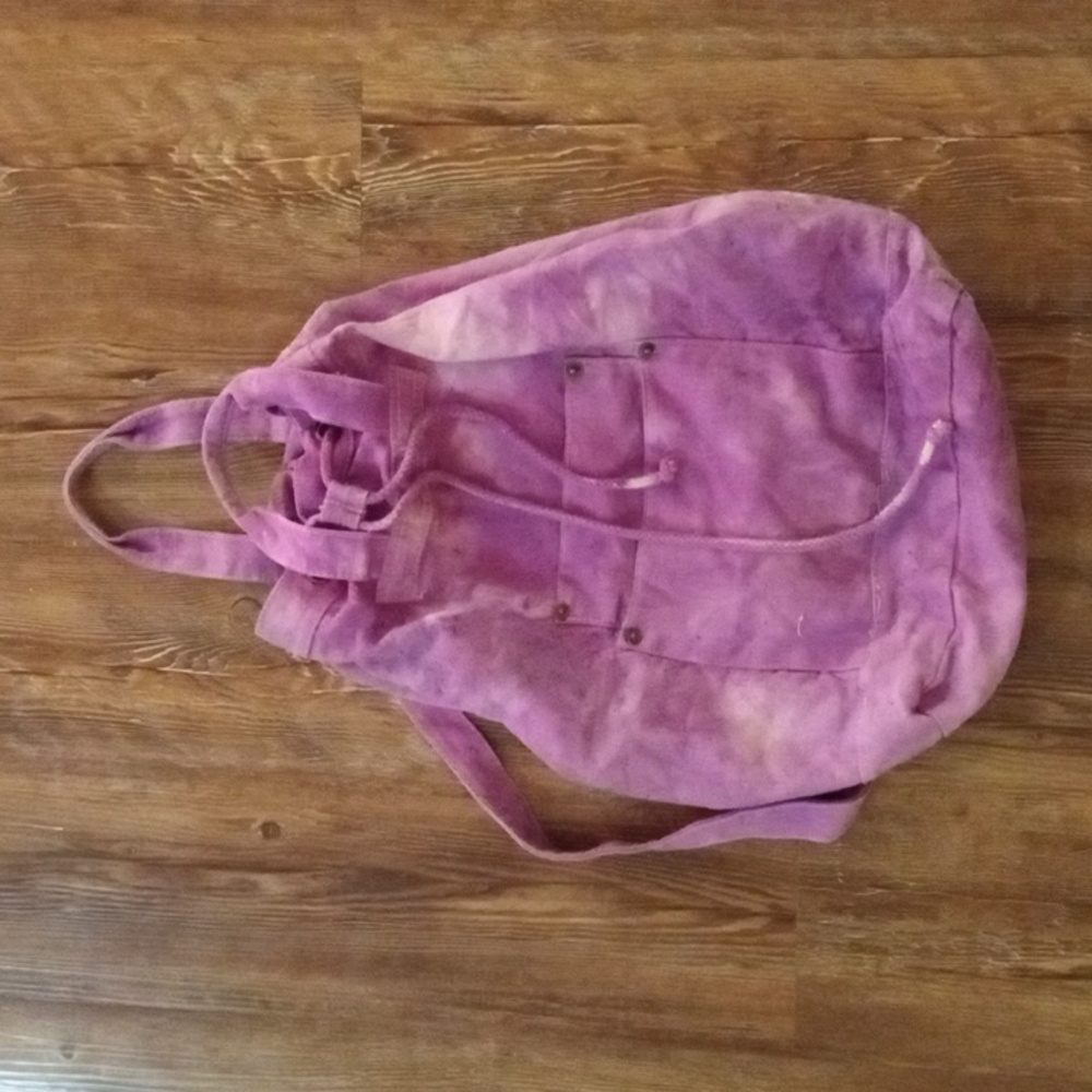 Purple Tie-Dye Denim Drawstring Bag With Shoulder Strap